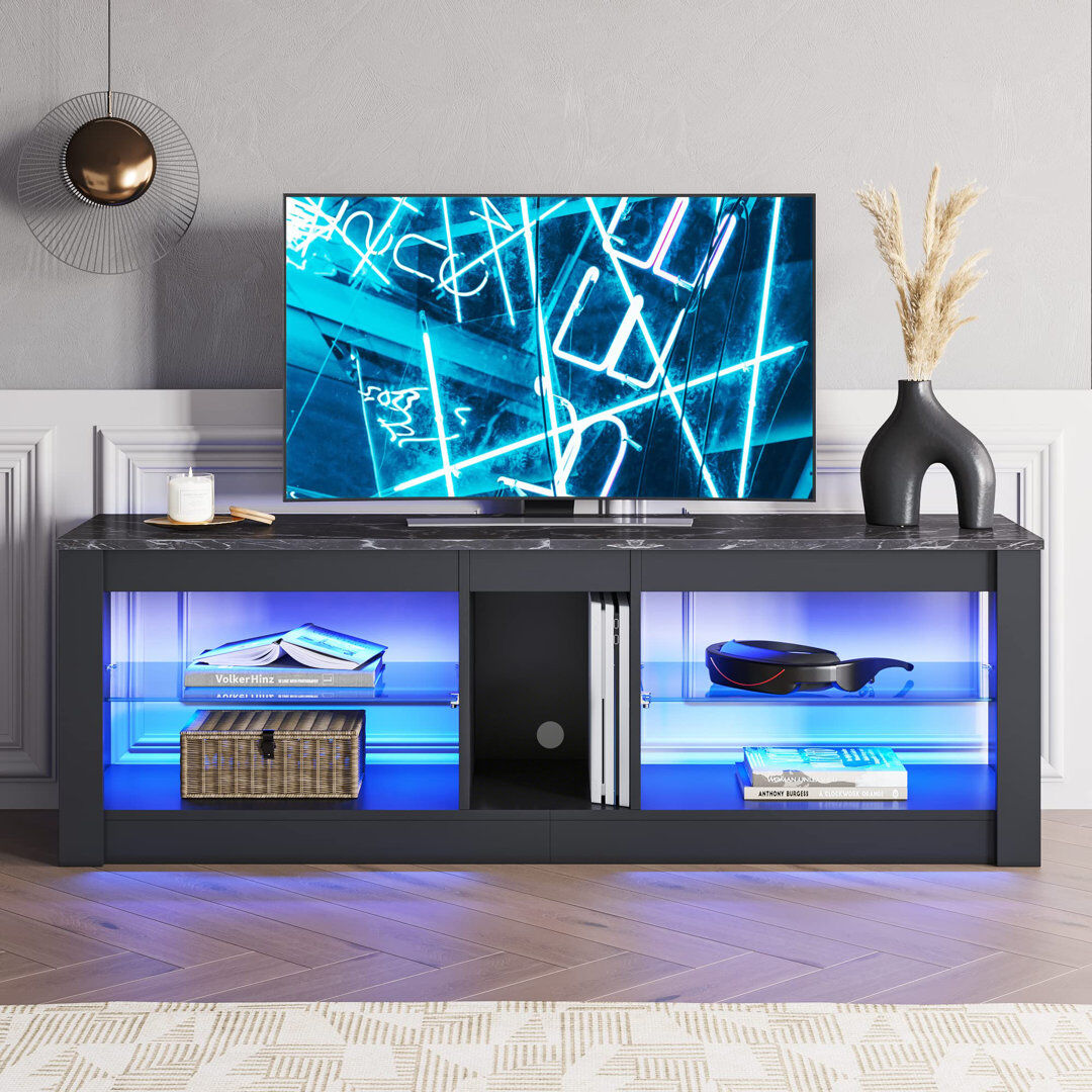 17 Stories Nabria 55" length TV Stand Cabinet With Glass Shelf & RGB LED Lighted for up to 65" TVs Black Marble 65"