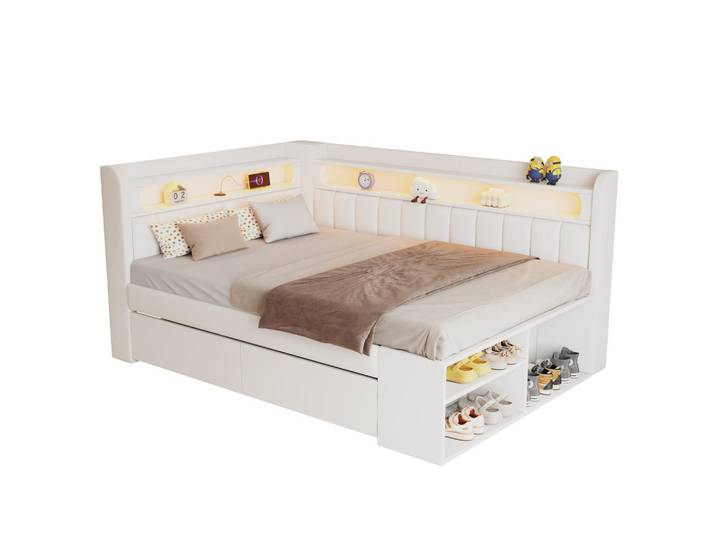 Komhtom Polsterbett 90x200cm, inklusive Schuhschrank und zwei Schubladen Weiß, Mode, 90x200 cm, Schlafzimmer, Betten, Polsterbetten