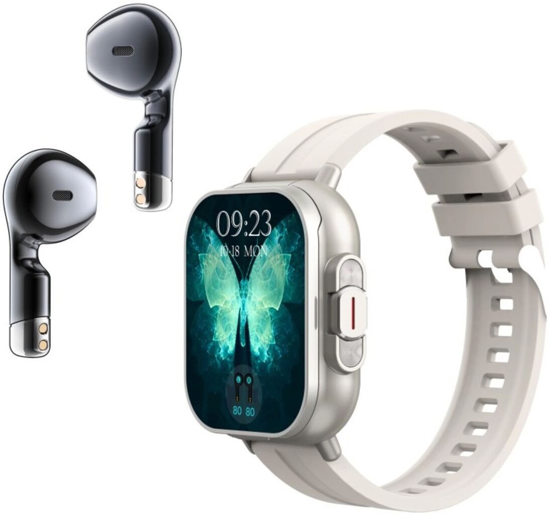 INF 2-in-1 TWS Smartwatch mit 2.01 inch TFT, Bluetooth 5.3, NFC, magnetischer Ladebox, kompatibel mit Alipay Silber