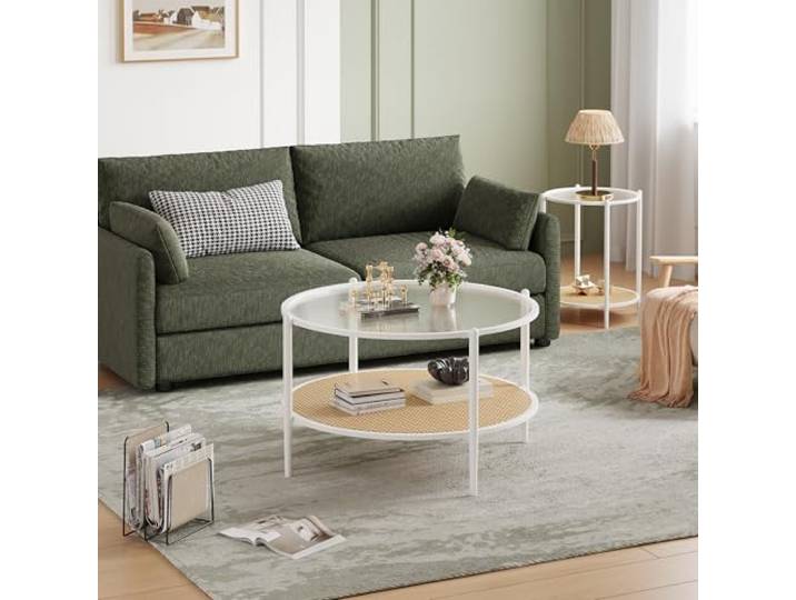 IDEALHOUSE Modern Boho Round Coffee Table with Water-Wave Tempered Glass Top, 2-Tier PE Rattan Shelf & Metal Frame – Compact Center Table for Living Room, Bedroom or Office – White+Yellow