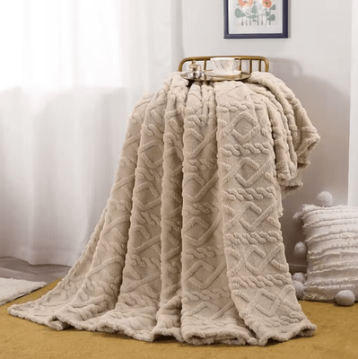 Inspire Curations Embossed Plush Flannel Throw Blanket khaki