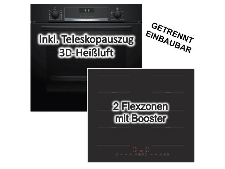 BOSCH Backofen-Set AutoPilot Teleskopauszug + PKM Induktionskochfeld Flexzone autark 60cm
