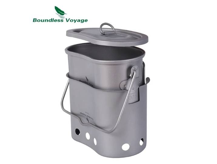 Boundless Voyage-Ensemble d'ustensiles de cuisine en titane, poêle à bois portable, four à bois avec pot de confrontation pour pique-nique ultraléger, barbecue, grillades