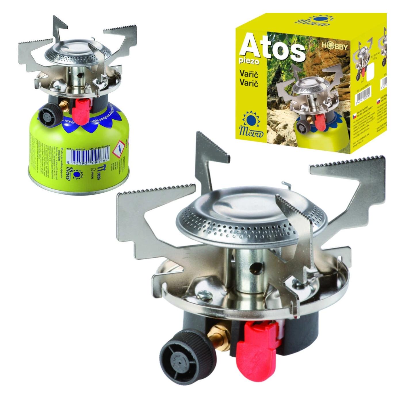 Meva Gas-Campingkocher mit Gaskartuschen (Gewinde oder Ventil) ATOS Piezo-Zünder 1,8 kW (1713860031)