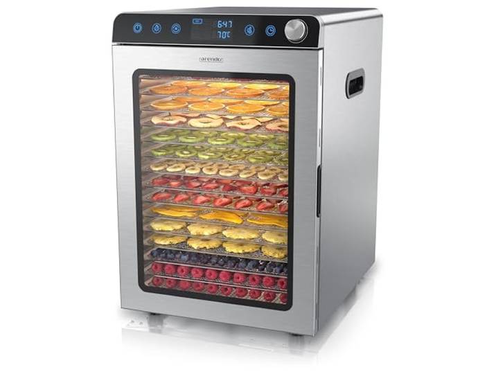 Arendo - Dörrautomat Edelstahl mit 16 Edelstahlgitter - 1000 Watt - 13400 cm² - 8 Programme - Dörrgerät Dehydrator Obsttrockner Dörrapparat - Obst Fleisch Pilze uvm - LED Touch Control Drehregler