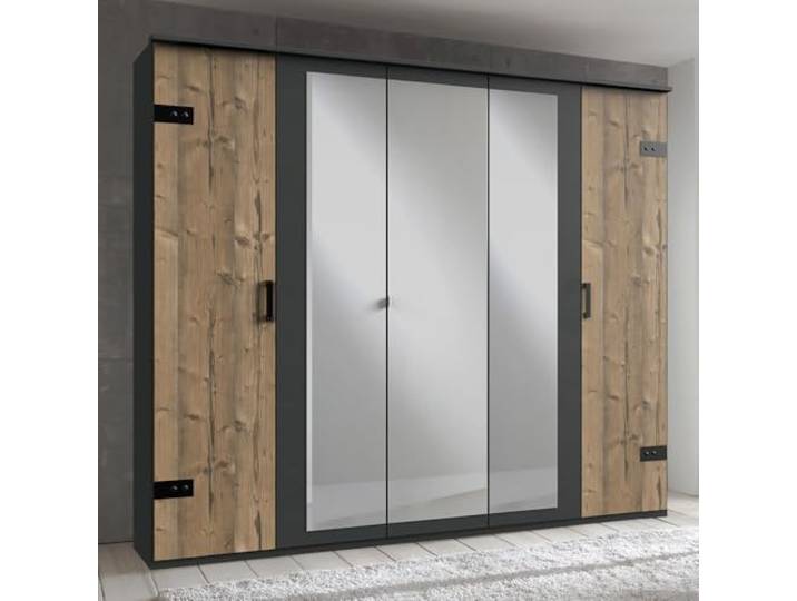 Lomadox Kleiderschrank Drehtüren Spiegeltüren 5 Türen 3 Kleiderstangen Einlegeböden Industrial Design Graphit mit Fichte 225x210x58 cm