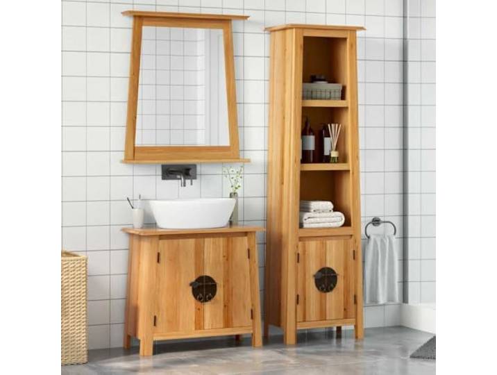 ZQQLVOO 3-TLG. Badmöbel-Set aus Massivholz Kiefer mit Spiegel und Schrank Massivholz Kiefer, Metallgriffe, klarer Spiegel, viel Stauraum, Unikat