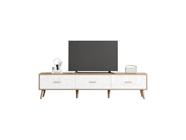 Odikalo TV-Schrank TV Tisch helles Holz, Vintage Grain weiße Türverkleidung, 150*35*39cm