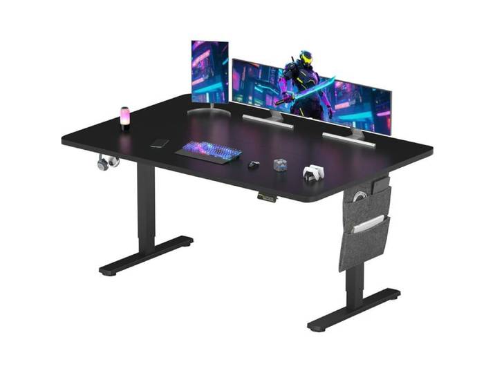 SANODESK Bureau Gaming Réglable en Hauteur 160x60 cm Bureau Assis Debout Table Gamer Électrique Contrôle avec Crochet Noir