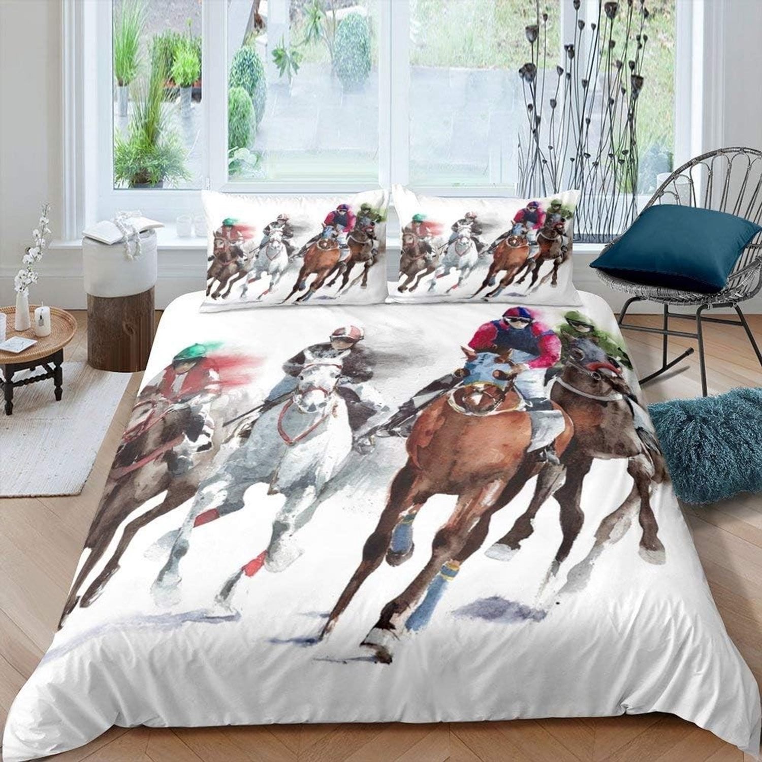 Aquarel Dekbedovertrek voor Kinderen met Dubbele Paarden - Kleurrijke Beddengoed Set met Kussenslopen