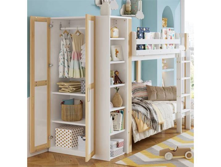 Lit superposé - SOGEU - 90x200cm armoire & escalier rangement - Blanc+Naturel - EN747