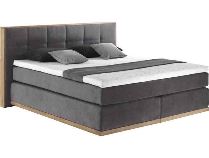 Boxspringbett, Grau, 220x213 cm, Massivholz & Polyester, 7-Zonen-Taschenfederkern, Modern & Vintage