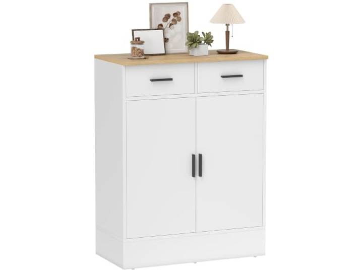 HOMCOM Küchenschrank Sideboard mit Stauraum für Küche, 2 Schubladen, Weiß Verstellbares Regal, Kommode, Aufbewahrungsschrank für Wohnzimmer, Flur, Naturholz