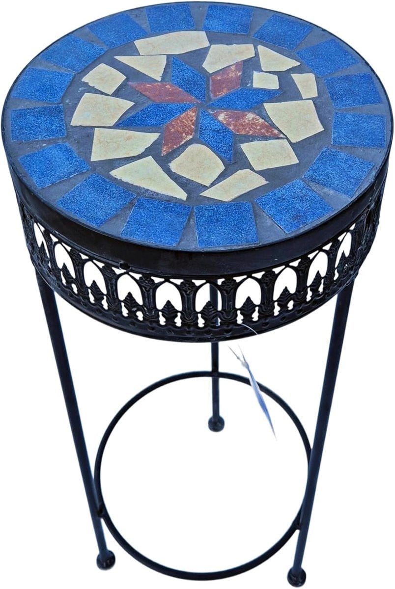 Ronde Metalen Bijzettafel met Zwart Mozaïek Tafelblad - Bloemenkruk