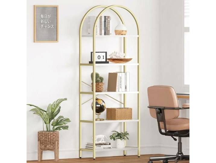 JOLLYTOP Bibliothèque Arche Industrielle 5 Niveaux - Étagère Métal et MDF Hauteur 180cm - Salon/Bureau/Chambre - Or/Blanc