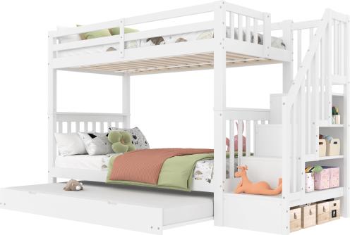 Etagenbett mit 3 Liegeflächen und Lattenrost, 90x200 cm, Kinderbett mit Rausfallschutz, Kiefer