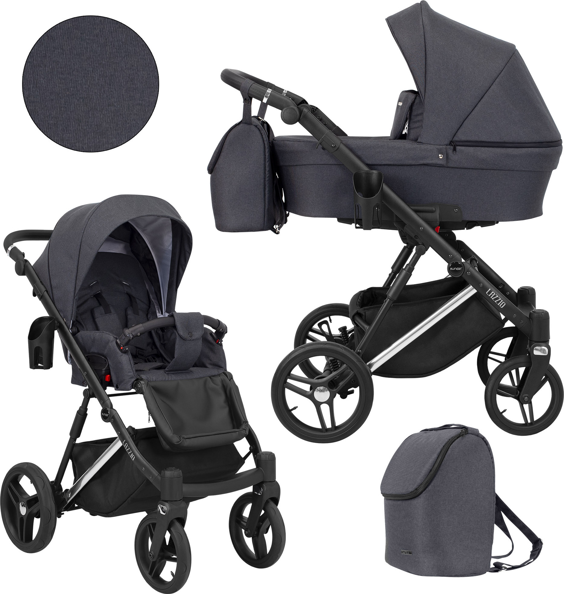 Kinderwagen LAZZIO PREMIUM Sportwagen Babywagen Babyschale Komplettset Kinder Wagen Set 2 in 1 (Anthrazit, Rahmenfarbe: Silber)