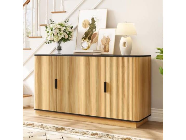 LOBO OFFICE Sideboard mit wellenförmigen Türen,Holzoptik für Wohnzimmer Moderne wellenförmige Türstruktur mit warmer Holzoptik,Robuste korrosionsbeständige Aluminium‑Griffe für komfortable Bedienun