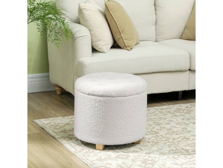 HOMCOM Pouf Coffre Rond Tissu Bouclette Ø45cm Blanc
