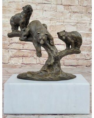 Bronzhaus Green Patina Bear Family On A Tree Stump Bronze Sculpture Statue Figurine
