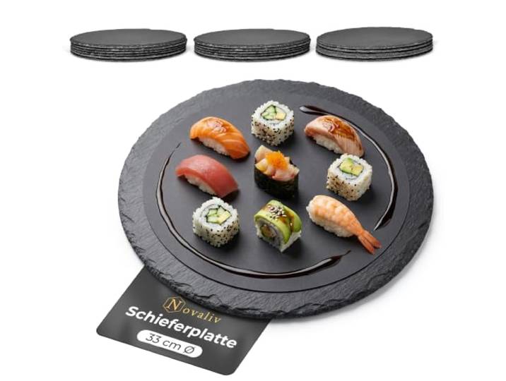 Novaliv 12x Schieferplatten I rund I 33x0,5 cm I Platzdeckchen Schiefer Schneidebrett Schiefer Platzteller Buffet Servierplatte Deko Platte