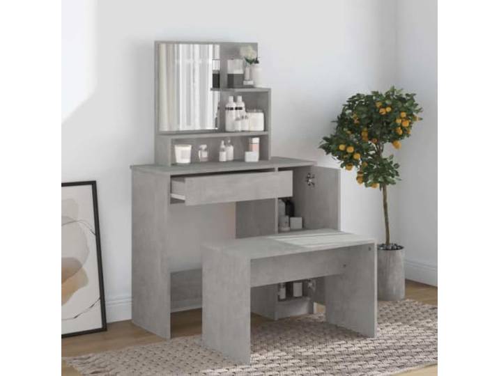 Xolmizyn Schminktisch mit Hocker, Betongrau Holzwerkstoff, Kosmetiktisch Inklusive Spiegel, Modernes minimalistisches Design, Viel Stauraum für Kosmetik