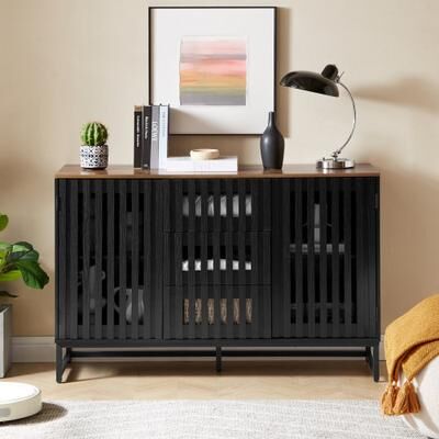 Loedds Modern 3-Drawer Combo Dresser with 4 Shelves, Slatted Fronts and Metal Legs - Black/Brown