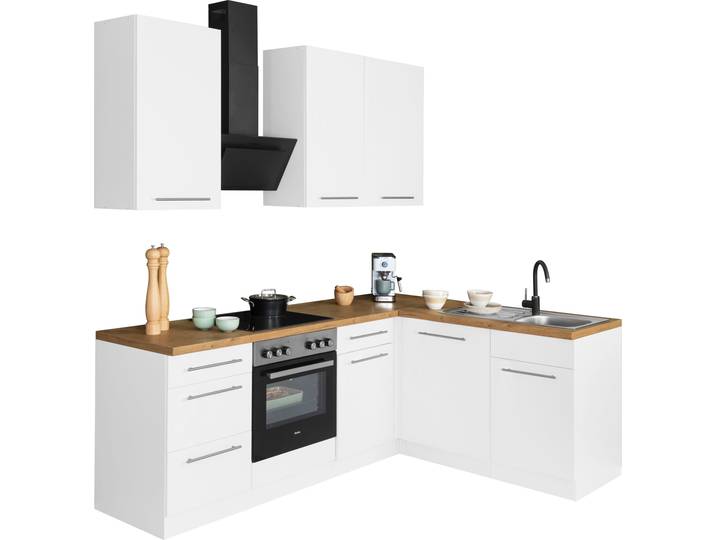Winkelküche WIHO KÜCHEN Unna , beige (küche: natur, korpus: weiß, arbeitsplatte: kastelleiche nachbildug), B:220cm T:170cm, Komplettküchen-Sets, L-Küche, ohne E-Geräte, Stellbreite 220 x 170 cm