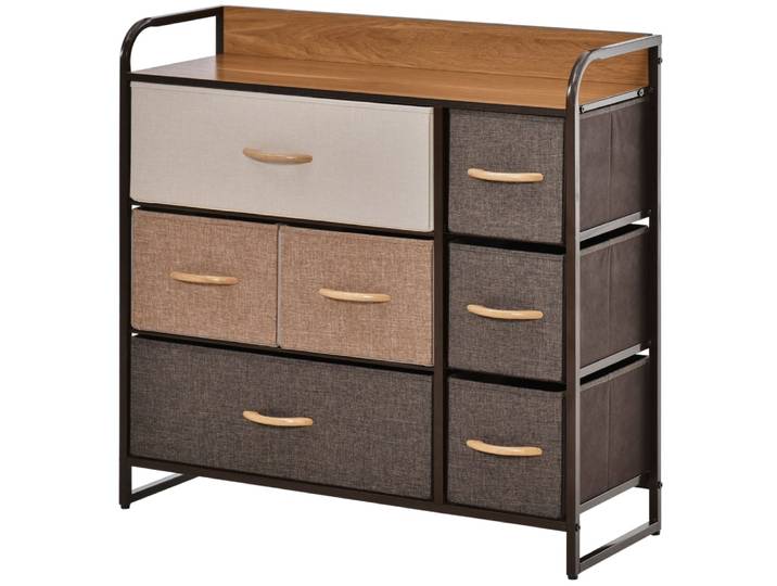 Commode 7 tiroirs plateau aspect bois acier non tissé marron beige