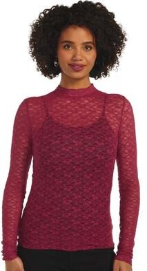 Masseys Stretch Lace Layering Top (Size 1X) Pomegranate, Nylon,Spandex