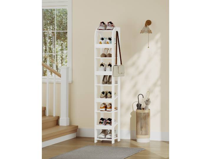 Étagères à chaussures étroites à 9 niveaux, organisateur de chaussures en bois pour placard, entrée, tour à chaussures pour petits espaces, autoportante, avec crochets, blanc