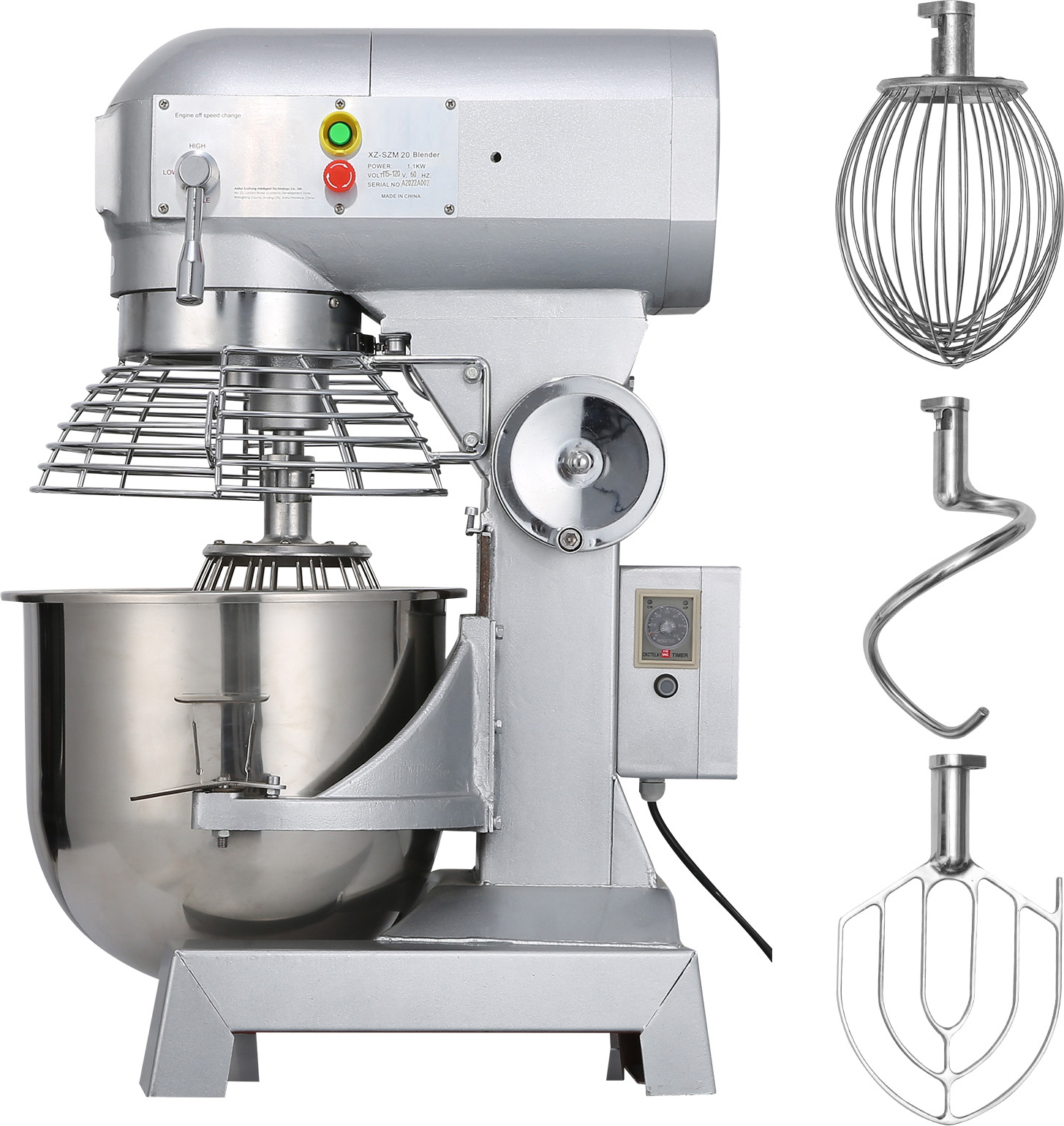 SucceBuy Industrie-Küchenmixer, 15 Qt, 600 W, 3 Gang-Geschwindigkeiten (110/178/390 U/min), langlebig, 110 V, inkl. Edelstahlschüssel, Knethaken, Schneebesen, Rührbesen