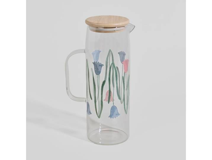Klare Glaskaraffe mit mehrfarbigen Blumenmustern, 2 l