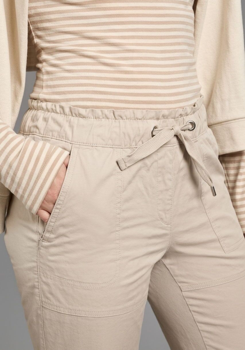 Paperbag-Hose KANGAROOS, Damen, Gr. 40, N-Gr, beige (steingrau), Popeline, Obermaterial: 50% Baumwolle, 46% Polyamid, 4% Elasthan, loose fit knöchelfrei, Hosen Paperbag-Hose, Casual Popeline-Hose, knöchellang, loose-fit