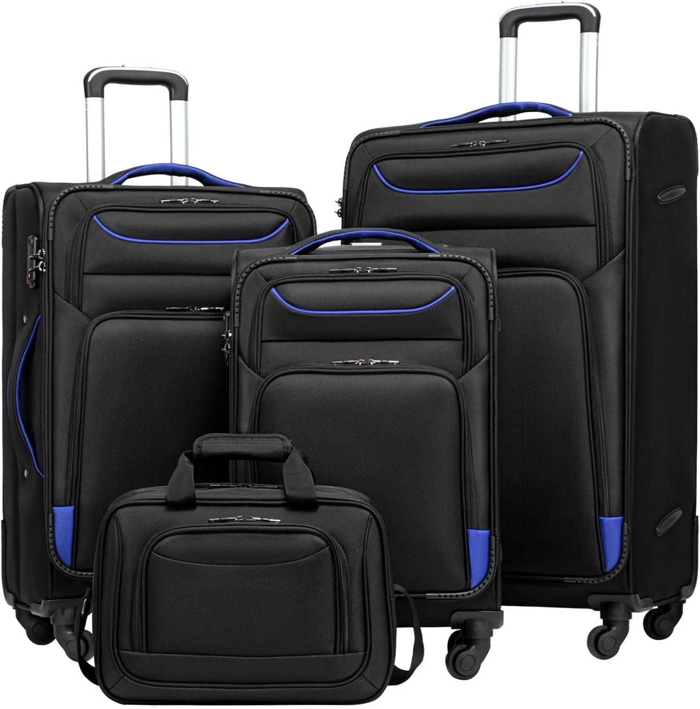 Koffer-Set mit 4 Rollen, aus Stoff, 4-teilig, bestehend aus einem Handgepäckkoffer, einem mittelgroßen Koffer, einem großen Koffer und einer Umhängetasche, in Schwarz-Blau