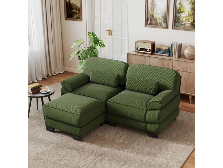 Modenuit Canapé d'angle modulable 2 places avec pouf velours côtelé vert