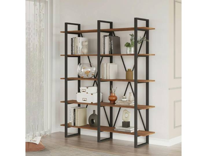 Bibliothèque industrielle effet bois foncé, dos croisé JENA