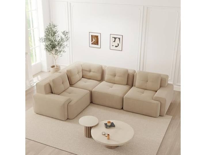 Modulares Ecksofa aus Cord, Rahmenloses Sofa mit Höhere Rückenlehne, Tiefsitzer Wohnlandschaft, Frei Kombinierbares Sofa, Kein Aufbau Erforderlich 4-Sitzer Ecksfa Beige (Beige, Eckesofa-4Sitzer)