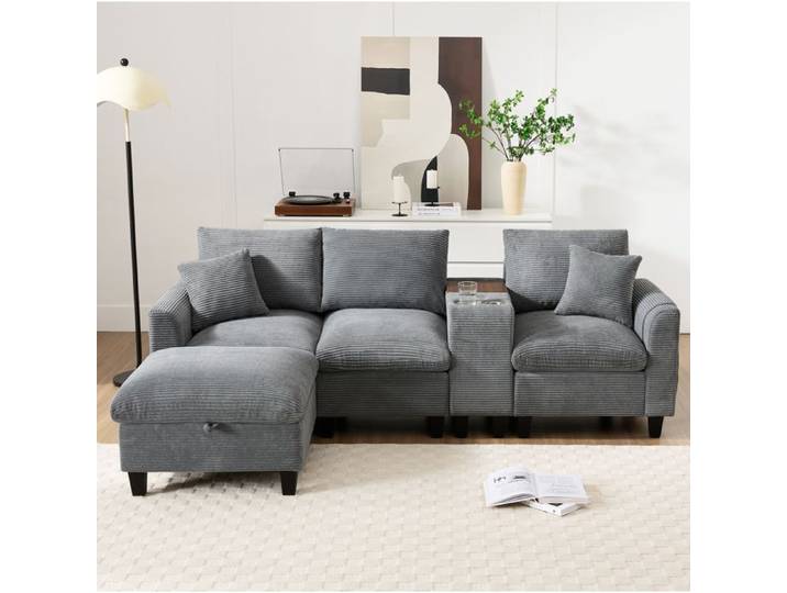 SENVIRO-Sofa dangle-4 places-modulable avec console-229x149x83cm-gris
