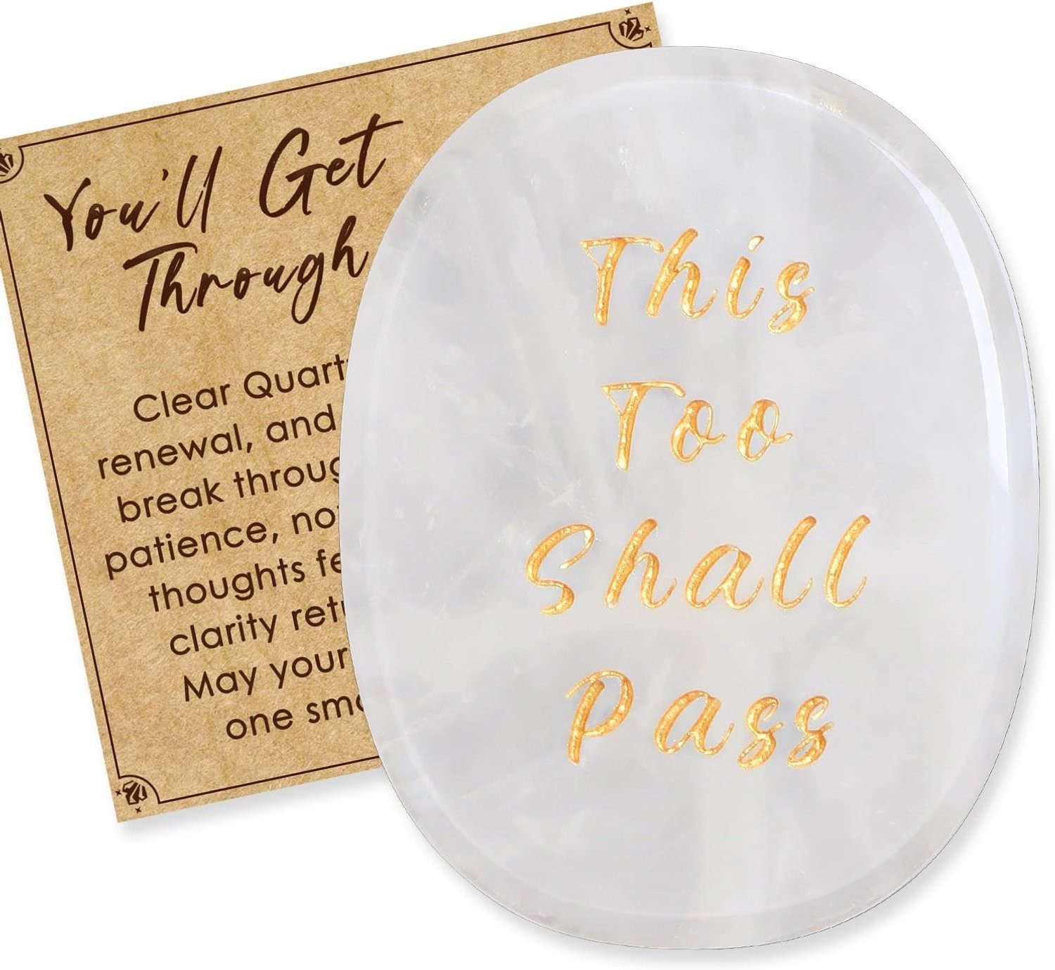Vemera Zorgensteen van Bergkristal met gravure This too shall pass - 5 cm