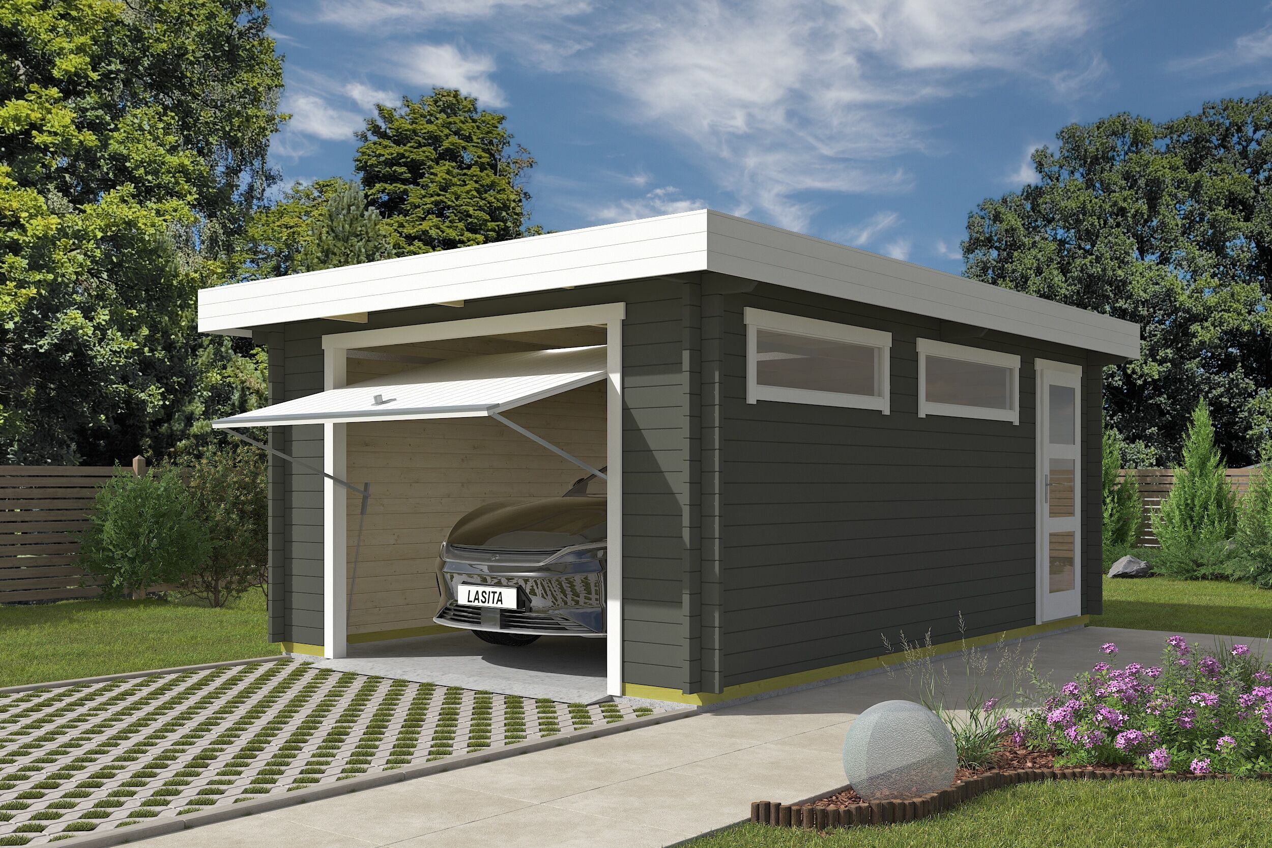 Garage NORDIC HOLZ "CANBERRA", grün (natur), B:360cm H:233,7cm L:540cm, Massivholz, Garagen, BxT: 423x600 cm, 207 cm Einfahrtshöhe, mit Schwingtor