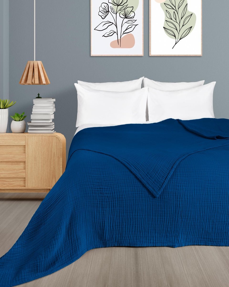 Unyqoos Extra Zachte Mousseline Katoenen Sprei in Blauw 180 x 220 cm