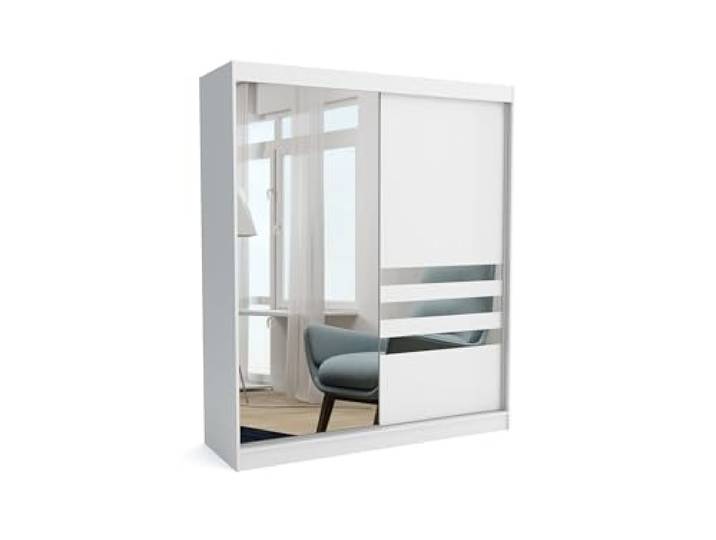 Brent - Kleiderschrank mit Spiegel Henry, 160cm Breit, Schlafzimmerschrank mit 1 Kleiderstange und Einlegeböden für Kleidung, Kleiderschrank Weiß