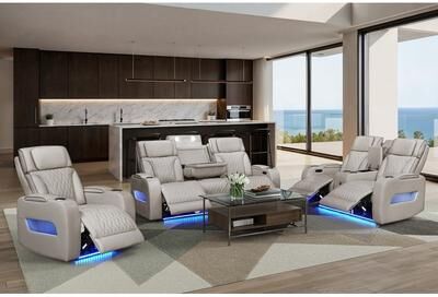 Lilola Home Jazz Leather Aire Power Reclining Living Room Set w/Pwr Headrest, BT Speakers, LED, Wireless Chrg Drop Tbl, USB, Strg & Cuphldrs