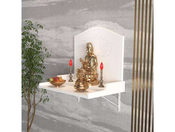 IMOYBBR Wandmontiertes Altarregal, Buddha-schrein Aus Holz, Schwebender Massivholztisch Mit Lotus-schnitzerei, Metallhalterungen, Gestuftes Regal Für Gebet Und Dekoration Zu Hause White