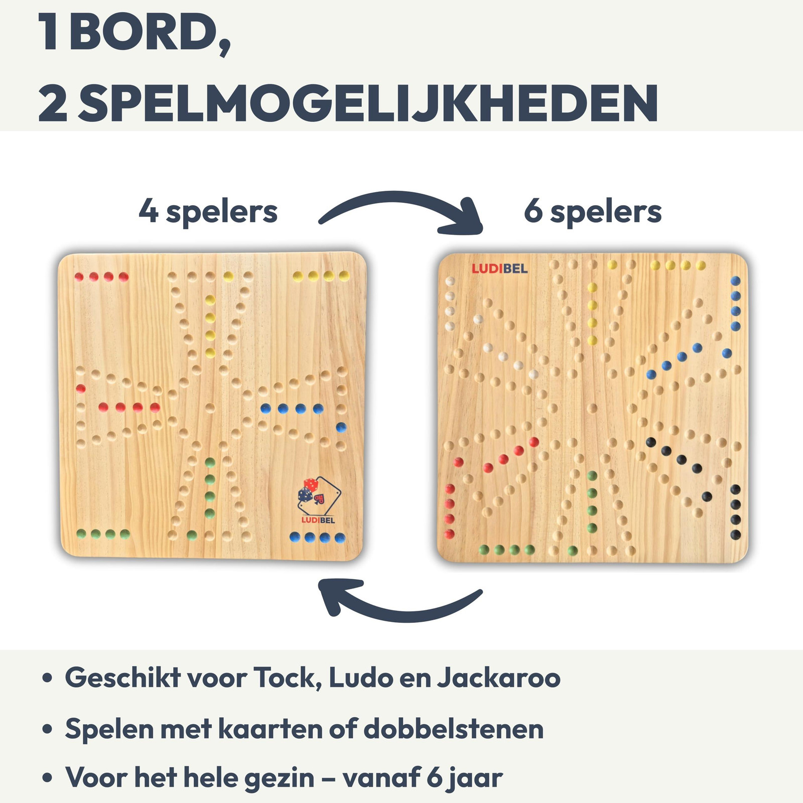 Houten Tock Bordspel voor 4 tot 6 spelers, Massief Grenenhout, 40 x 40 cm