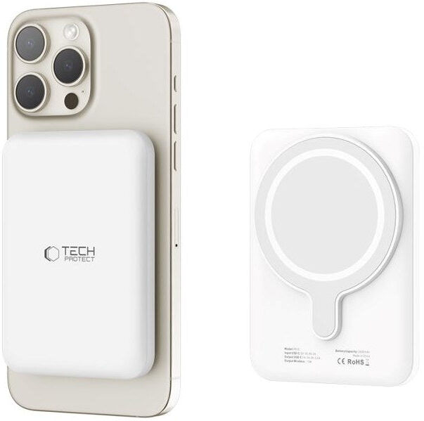 Tech-Protect LifeMag Trådløs & Magnetisk Powerbank 5000 mAh - MagSafe Kompatibel - Hvid