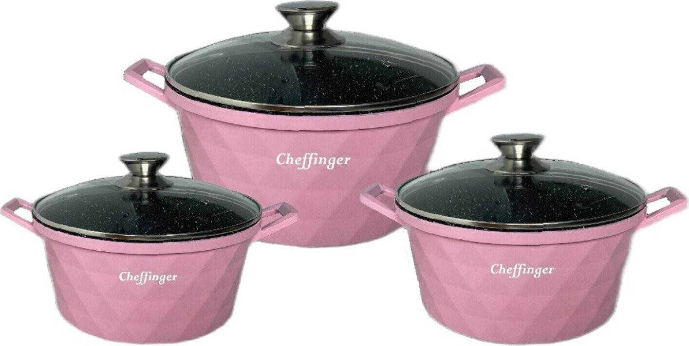 Cheffinger Diamant 6-delige pannenset, Roze, Aluminium en Gietijzer met Marmeren Coating, Geschikt voor Inductie