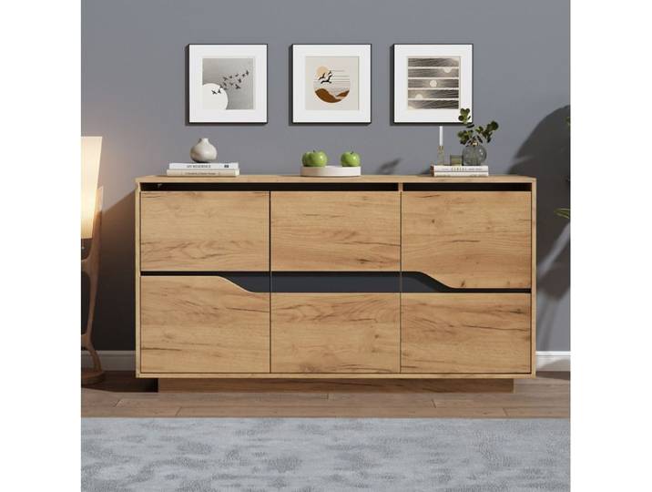 Buffet de Salon VIVRYN - 3 Portes - Rangements Modulaires - Panneaux de Particules - 140 x 40 x 70 cm - Chêne Noir