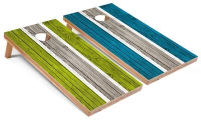 Skip's Garage Lime and Turquoise Striped Cornhole Boards with Carry Case